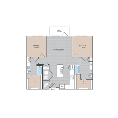 Floor plan for 2 beds, 2 baths, 1125 sqft